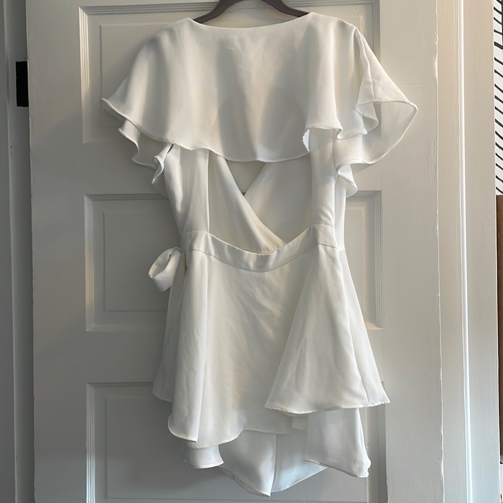 Aldrin White Ruffled Backless Wrap Skort Romper. … - image 2